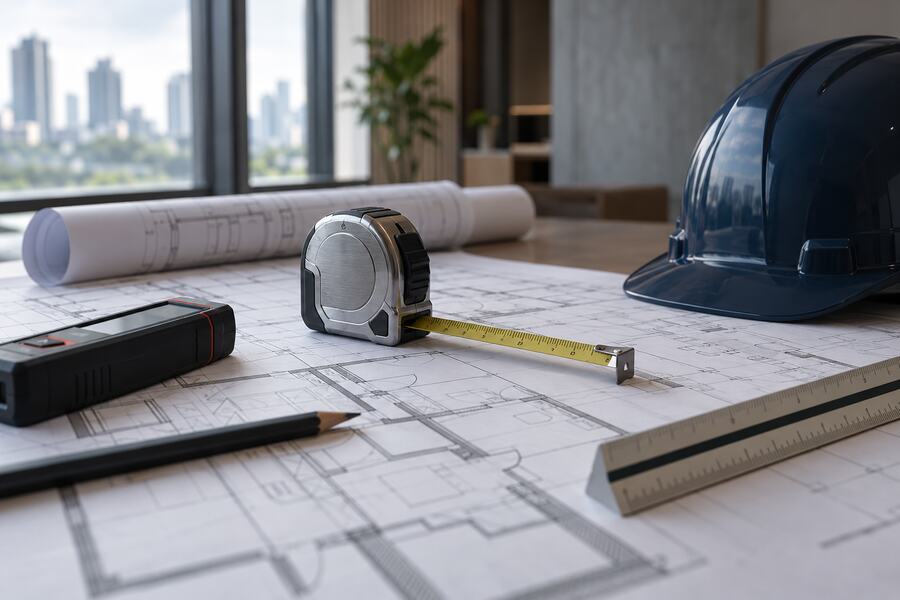 Floor plans and tape measure