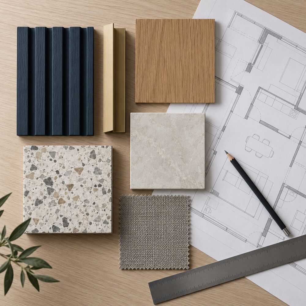 Material samples: navy fluted wood, brass, oak, stone